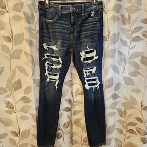 American Eagle Outfitters Dark Wash Distressed High Waist Jegging Jeans Stretch